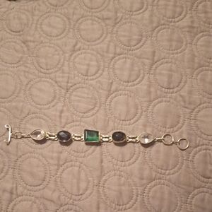Sterling Silver Green and Black Gemstone Link Bracelet